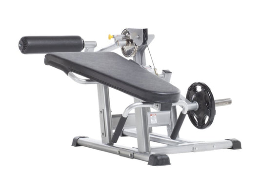 TuffStuff Evolution leg extension and prone leg curl bench with silver steel frame, black padded seat and backrest, adjustabl