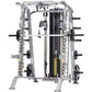 Smith machine and half cage ensemble with silver metal frame, black weight plate pegs, and yellow safety stops on white backg