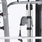 TuffStuff Evolution Smith Machine with half cage ensemble featuring gray and black metal frame, weight plate pegs, and cable 