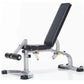 Adjustable weight bench with black padded seat and backrest, silver metal frame, leg extension attachment, and black rubber f