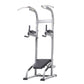 Vertical knee raise and dip station with silver metal frame, black foot platform and padded arm supports on white background