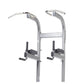 Silver and black vertical leg raise machine with dual handles, footrests, and dip bars on white background