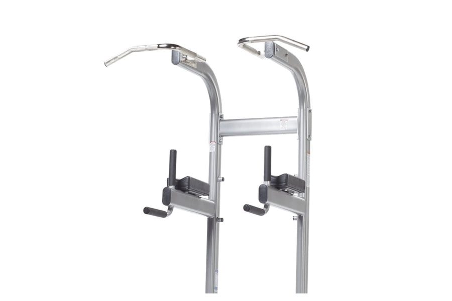 Silver and black vertical leg raise machine with dual handles, footrests, and dip bars on white background