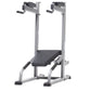 Silver and black vertical training tower with adjustable pull-up bar, dip handles, and padded seat on white background
