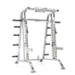 Silver and black Smith machine half cage combo with multiple horizontal bar pegs on white background