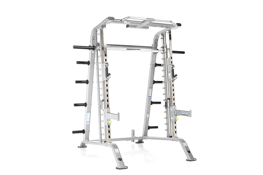 Silver and black Smith machine half cage combo with multiple horizontal bar pegs on white background