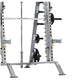 Smith machine and half cage combo with silver metal frame, weight plate storage pegs, barbell bar, and adjustable safety catc