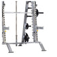 TuffStuff Evolution Smith Machine and half cage combo with gray steel frame, barbell, and weight plate storage on white backg