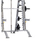 TuffStuff Evolution Smith Machine half cage combo with gray steel frame, barbell, weight plates, and safety handles on white 