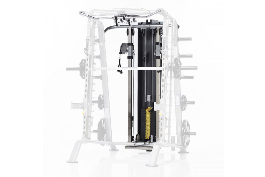 Smith machine with half cage frame, black uprights and rails, yellow safety stops, enclosed within white metal frame structur