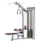 TuffStuff Lat/Mid/Low-Row machine with gray steel frame, burgundy padded seat and arm pads, cable pulley system, on white bac