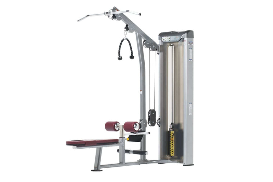 TuffStuff Lat/Mid/Low-Row machine with gray steel frame, burgundy padded seat and arm pads, cable pulley system, on white bac