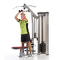 Man in neon yellow shirt using stainless steel and black lat pull-down machine with adjustable seat on white background
