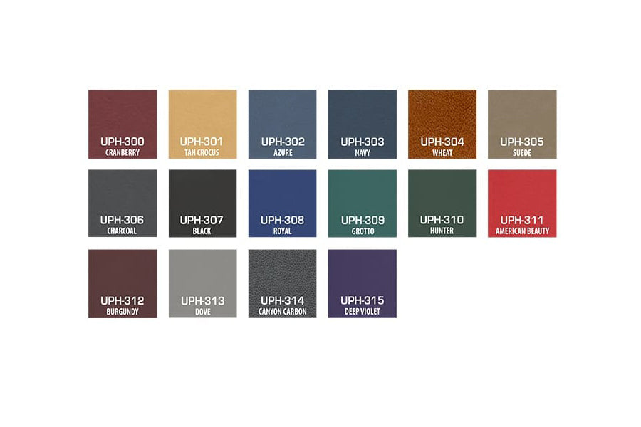 Color and material swatch chart showing 16 upholstery options for gym equipment, including cranberry, tan, navy, wheat, charc