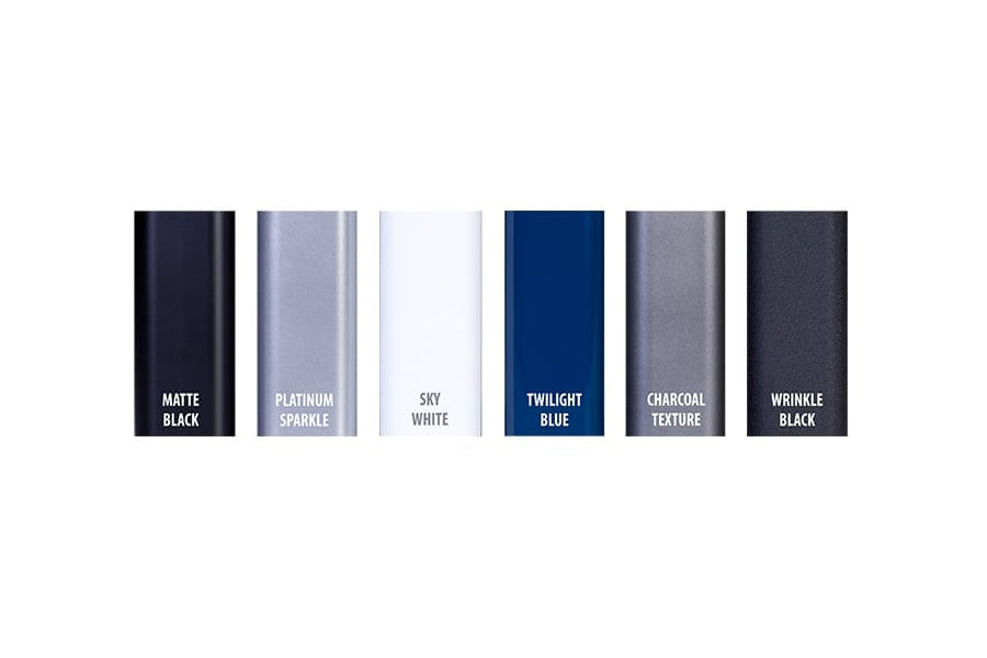 Color swatch options for TuffStuff fitness equipment, displaying six finishes: matte black, platinum sparkle, sky white, twil