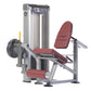 TuffStuff leg extension machine with silver frame, burgundy padded seat and backrest, weight stack on left side, against whit