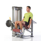Man in lime green shirt using TuffStuff leg extension machine with silver frame and burgundy padding on white background