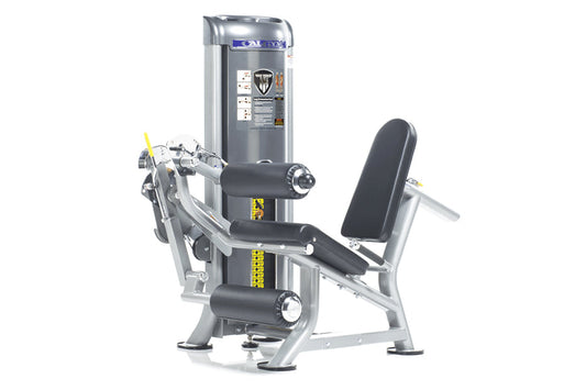 TuffStuff CalGym leg extension and curl machine with silver frame, black padded seat and backrest, and gray weight stack on w