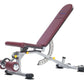 Burgundy and silver adjustable weight bench with leg extension attachment, yellow adjustment knobs, and black foot pads on wh