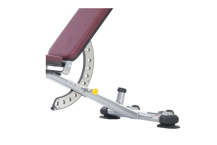 TuffStuff Proformance multi-adjustable weight bench with burgundy padded seat, silver metal frame with perforated adjustment 