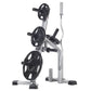 Vertical weight plate tree with silver metal frame holding three black Olympic plates, on white background
