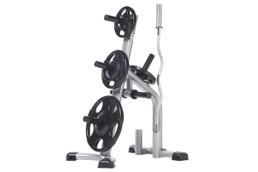 Vertical weight plate tree with silver metal frame holding three black Olympic plates, on white background