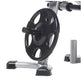 Black and silver Olympic weight plate tree with four-hole design and rubber foot pads, shown on white background
