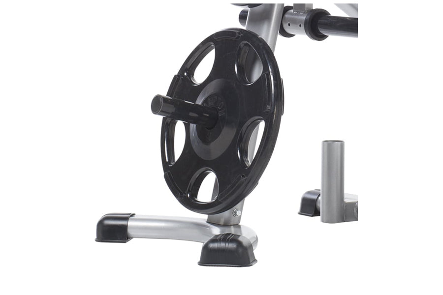 Black and silver Olympic weight plate tree with four-hole design and rubber foot pads, shown on white background