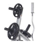 TuffStuff Evolution Olympic Weight Tree with two black rubber-coated weight plates and silver metal frame on white background