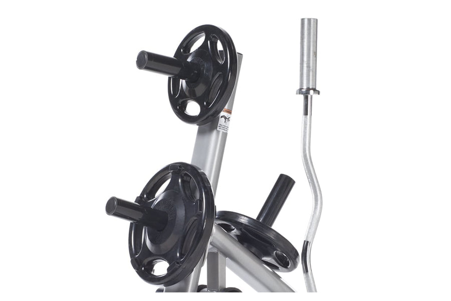 TuffStuff Evolution Olympic Weight Tree with two black rubber-coated weight plates and silver metal frame on white background