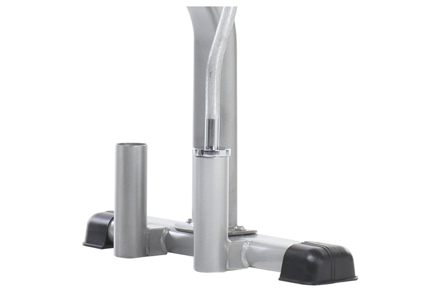 TuffStuff Evolution Olympic Weight Tree with gray steel frame, vertical post, horizontal bar, and black base feet on white ba