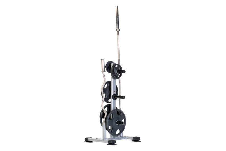 TuffStuff Proformance Olympic weight tree with silver vertical post, black weight plate storage pegs, and black circular weig