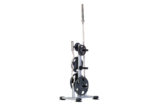TuffStuff Proformance Olympic weight tree with silver vertical post, black weight plate storage pegs, and black circular weig