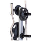 Olympic weight tree with black rubber-coated plates and silver steel frame, flat lay on white background