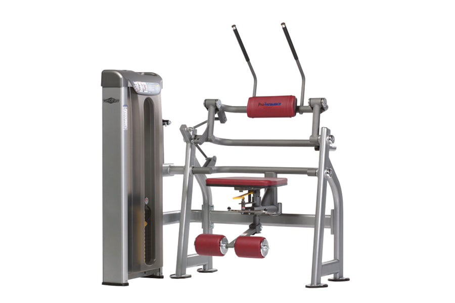 TuffStuff Abdominal Crunch Proformance Plus machine with silver frame, red seat and handles, and red weight stack on white ba