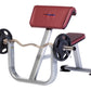 TuffStuff Proformance Plus preacher curl bench with burgundy pad, silver frame, curved barbell arms with black weight plates,