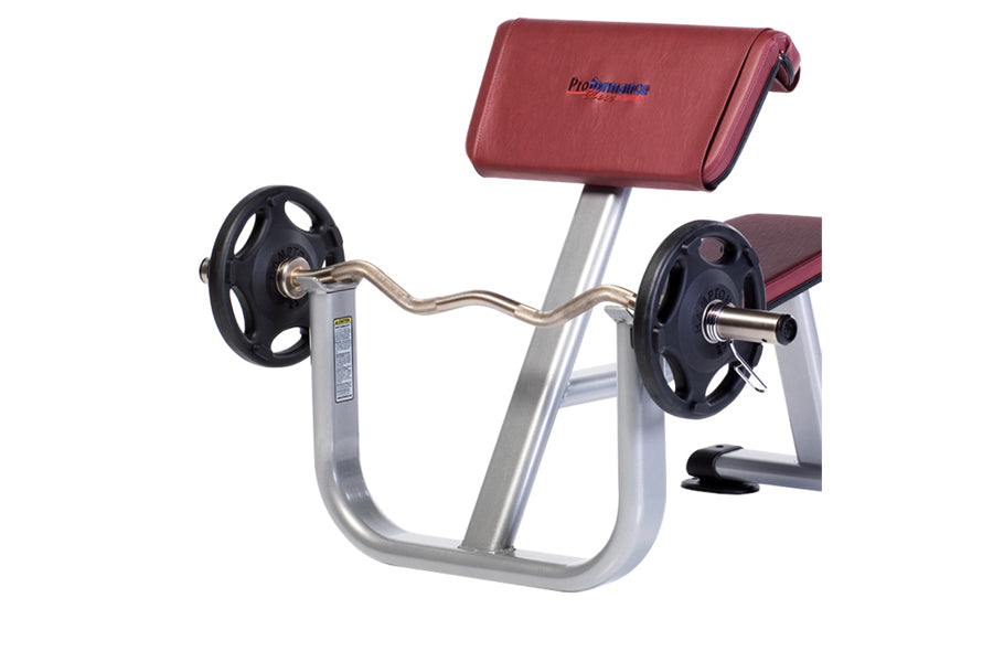 Proformance Plus preacher curl bench with burgundy padding, curved silver frame, black weight plates on wavy bar, and padded 