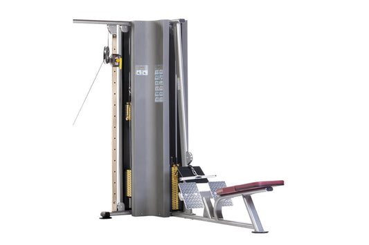 Gray and gold multi-station jungle gym with leg press attachment, cable machine, and adjustable seat on white background