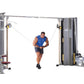 Man in blue shirt using dual cable machine for chest exercise on commercial gym equipment with gray frame
