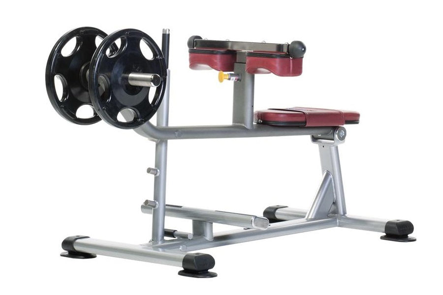 Silver and red seated calf raise machine with black weight plates on left side and adjustable footplate, shown on white backg