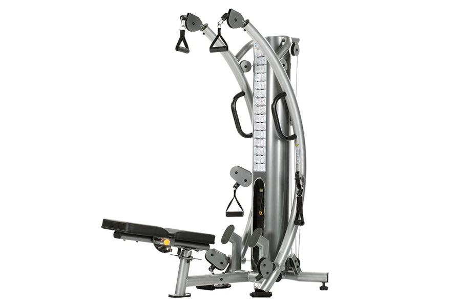 TuffStuff Six-Pak Functional Trainer silver and black multi-station gym equipment with cable pulleys and handles on white bac