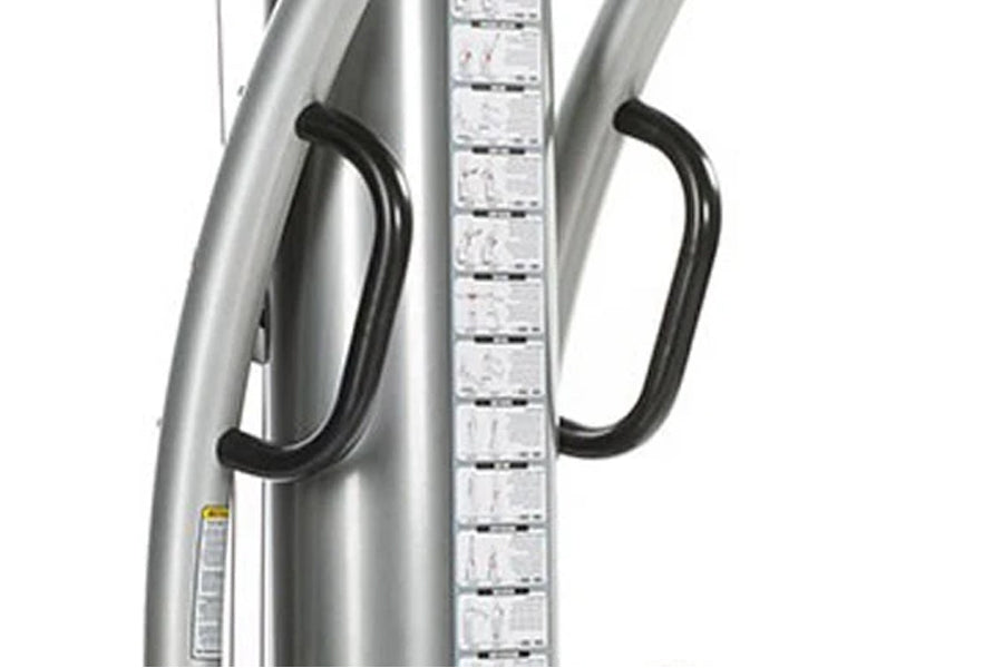 Silver functional trainer machine with black handles and measurement scale on center column, front view