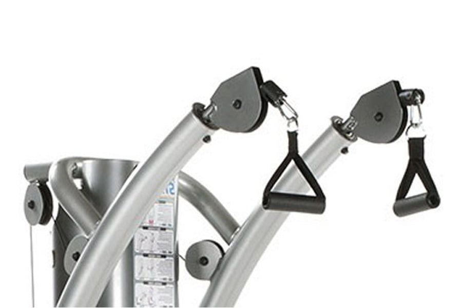 Silver and black functional trainer with dual adjustable pulleys and black triangle handles on white background