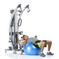 Silver multi-station functional trainer with dual cable systems, adjustable pulleys, and measurement scale, shown with male m