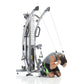 TuffStuff Six-Pak Base functional trainer with dual cable stations and height-adjustment column, shown with male model demons