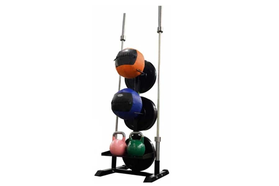 Warrior Universal Multi Storage Rack with two metal uprights holding medicine balls in orange, blue, and black, plus pink and