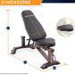 SteelBody weight bench with black padded backrest and seat, brown metal frame, shown with dimension measurements of 46 inches