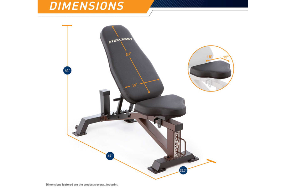 SteelBody weight bench with black padded backrest and seat, brown metal frame, shown with dimension measurements of 46 inches