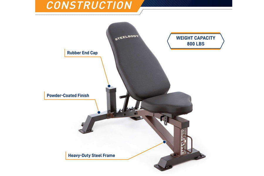 Marcy SteelBody adjustable weight bench with gray padded seat and backrest, heavy-duty steel frame, rubber end caps, powder-c