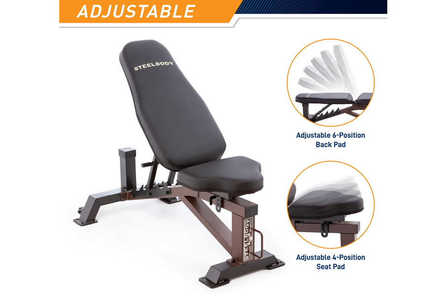 Marcy SteelBody adjustable weight bench with gray padding, brown frame, adjustable back pad and seat pad shown on white backg